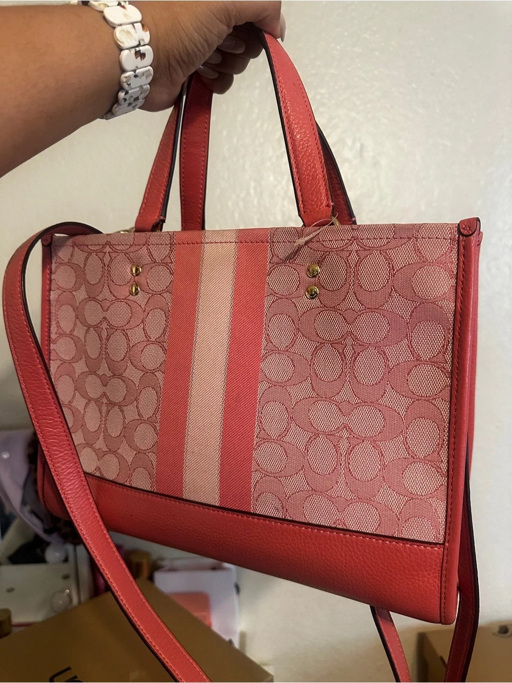 Coach Pink Signature Stripe Tote with Leather Trim